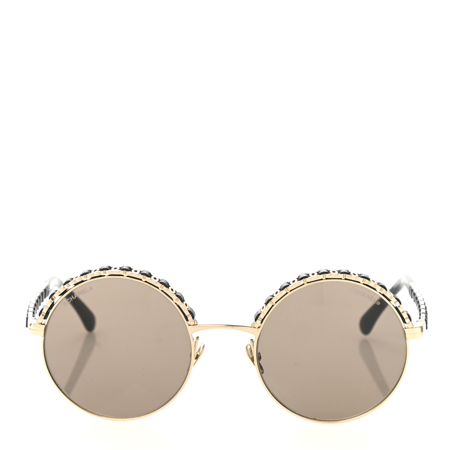 Metal Calfskin Round Chain Sunglasses 4265-Q Black