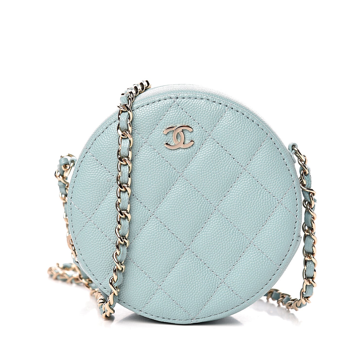 Caviar Quilted Round Clutch With Chain Light Blue