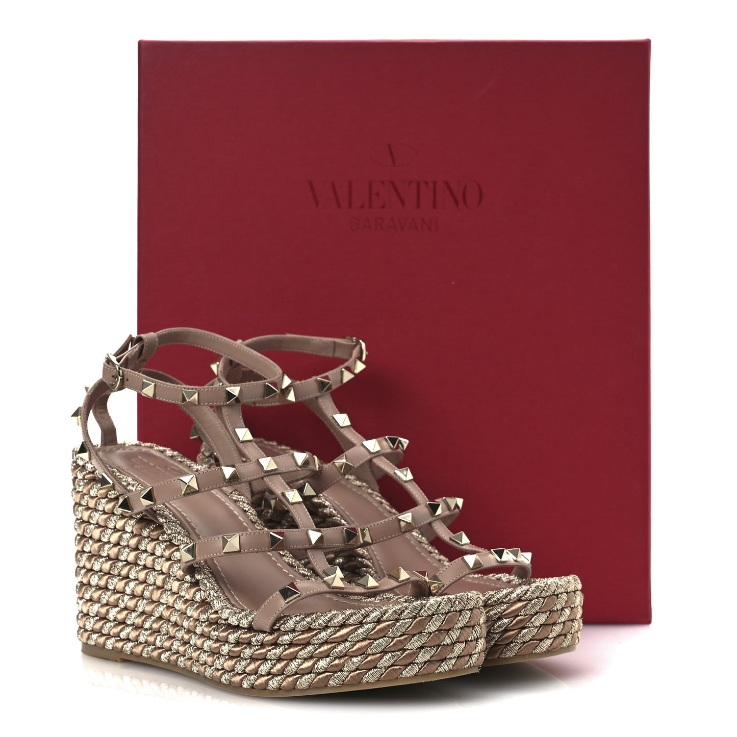 Calfskin Rockstud Ankle Strap Torchon Espadrille Caged 25/95mm Wedge Sandals 38 Rose Canelle