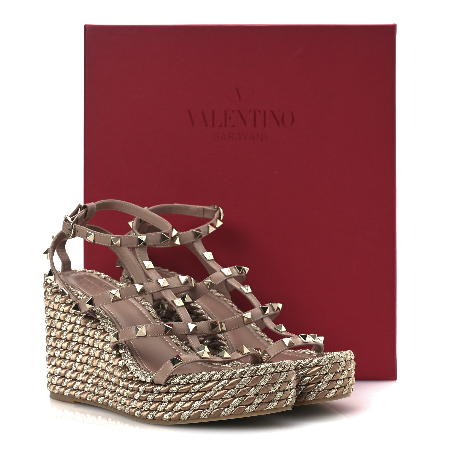 Valentino Garavani Calfskin Rockstud Ankle Strap Torchon Espadrille Caged 25/95mm Wedge Sandals 38 Rose Canelle 13 of 13