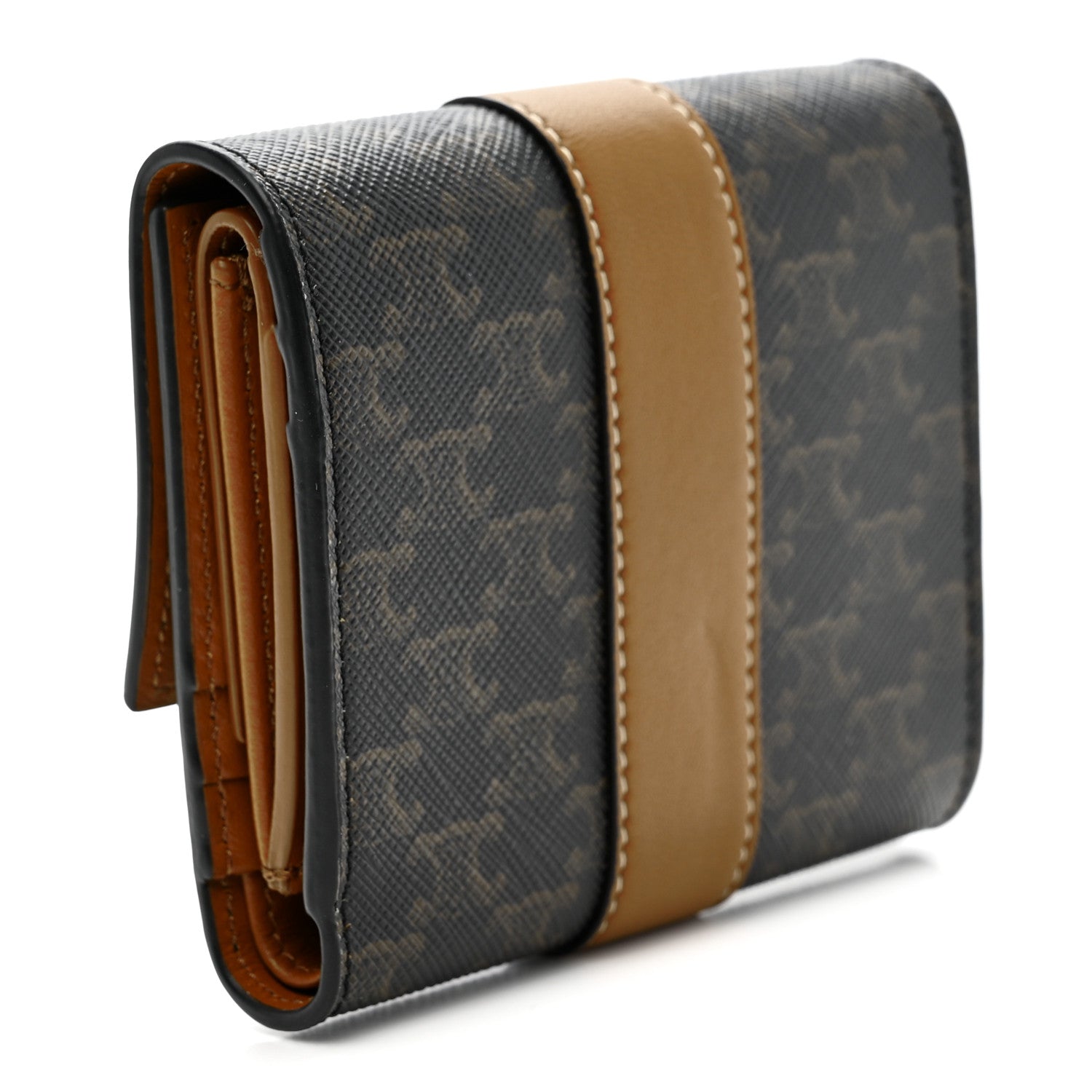 Celine Canvas Triomphe Lambskin Folded Compact Wallet Tan 3 of 8