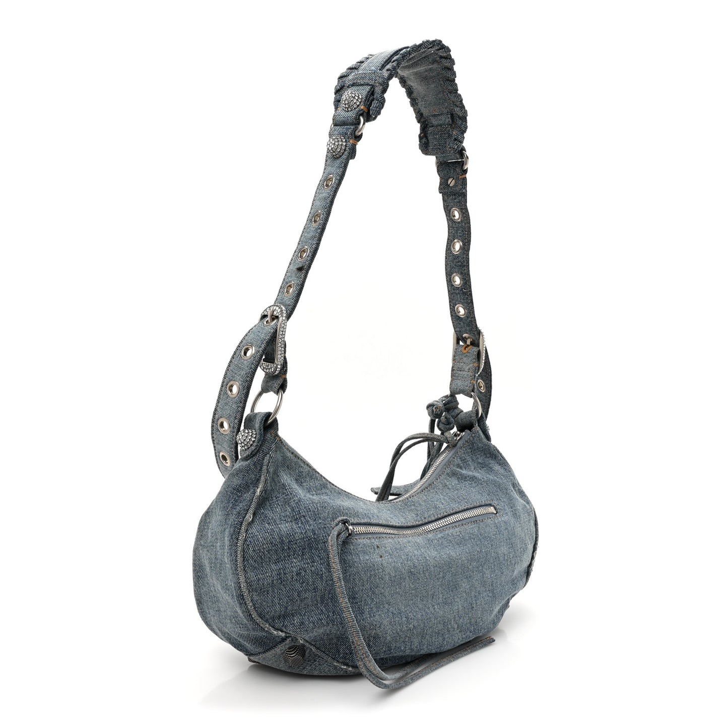 Washed Frayed Denim Crystal Small Le Cagole Shoulder Bag Blue
