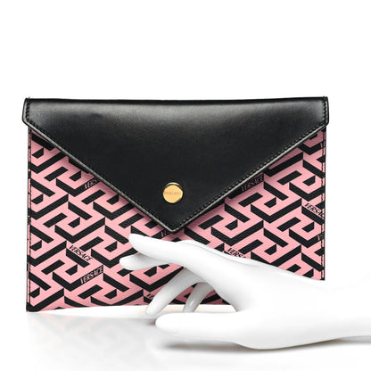 Versace Coated Canvas Calfskin LA Greca Envelope Pouch Black Pink 2 of 11
