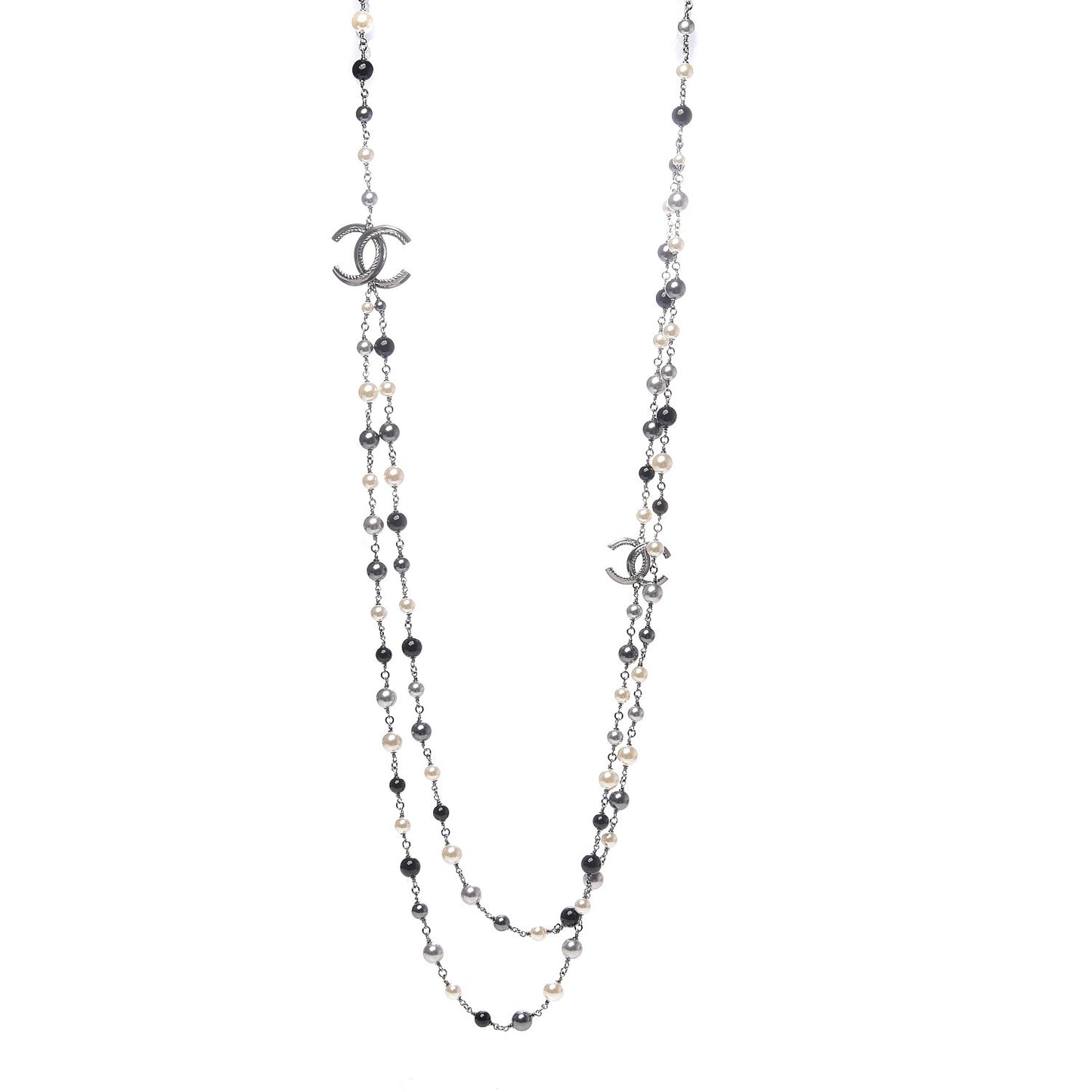 Pearl Bead Enamel CC Long Necklace Black Silver