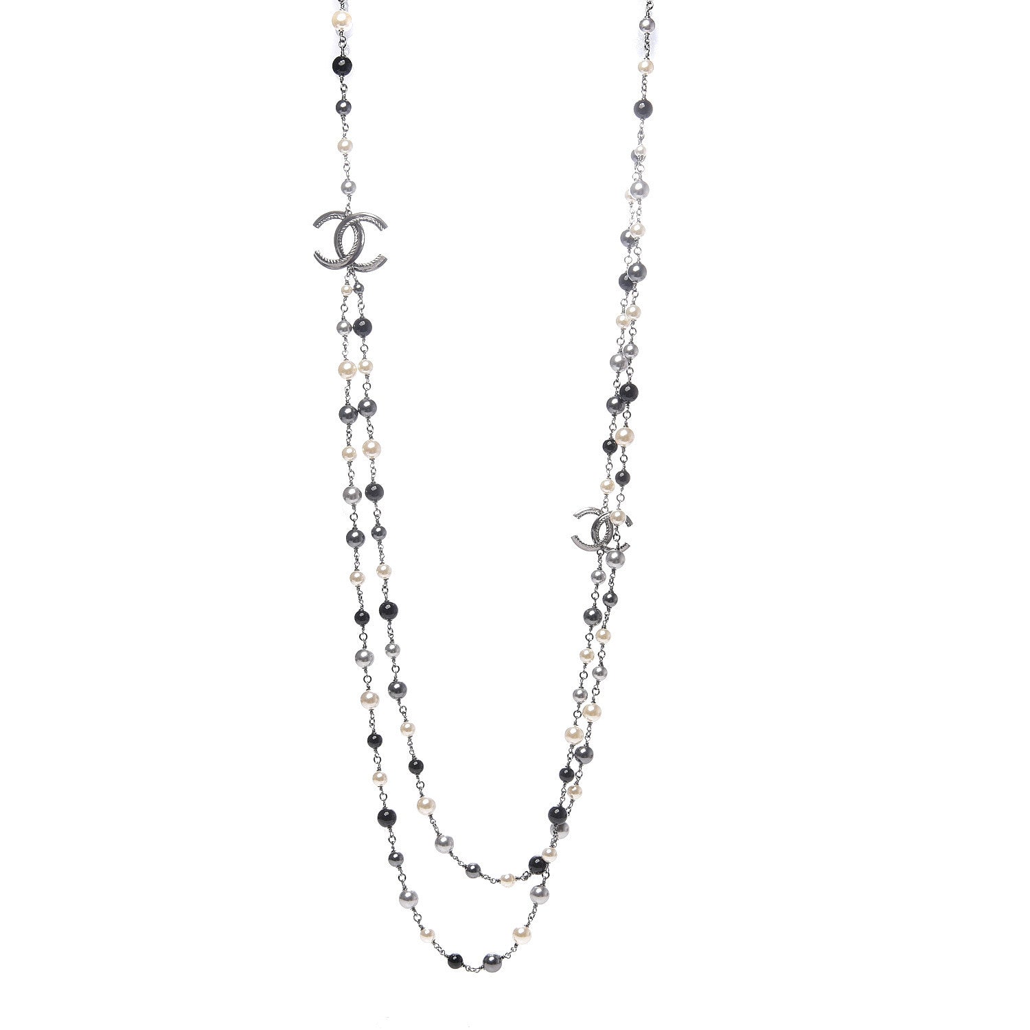 Chanel Pearl Bead Enamel CC Long Necklace Black Silver 1 of 3