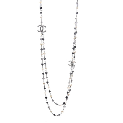 Chanel Pearl Bead Enamel CC Long Necklace Black Silver 1 of 3
