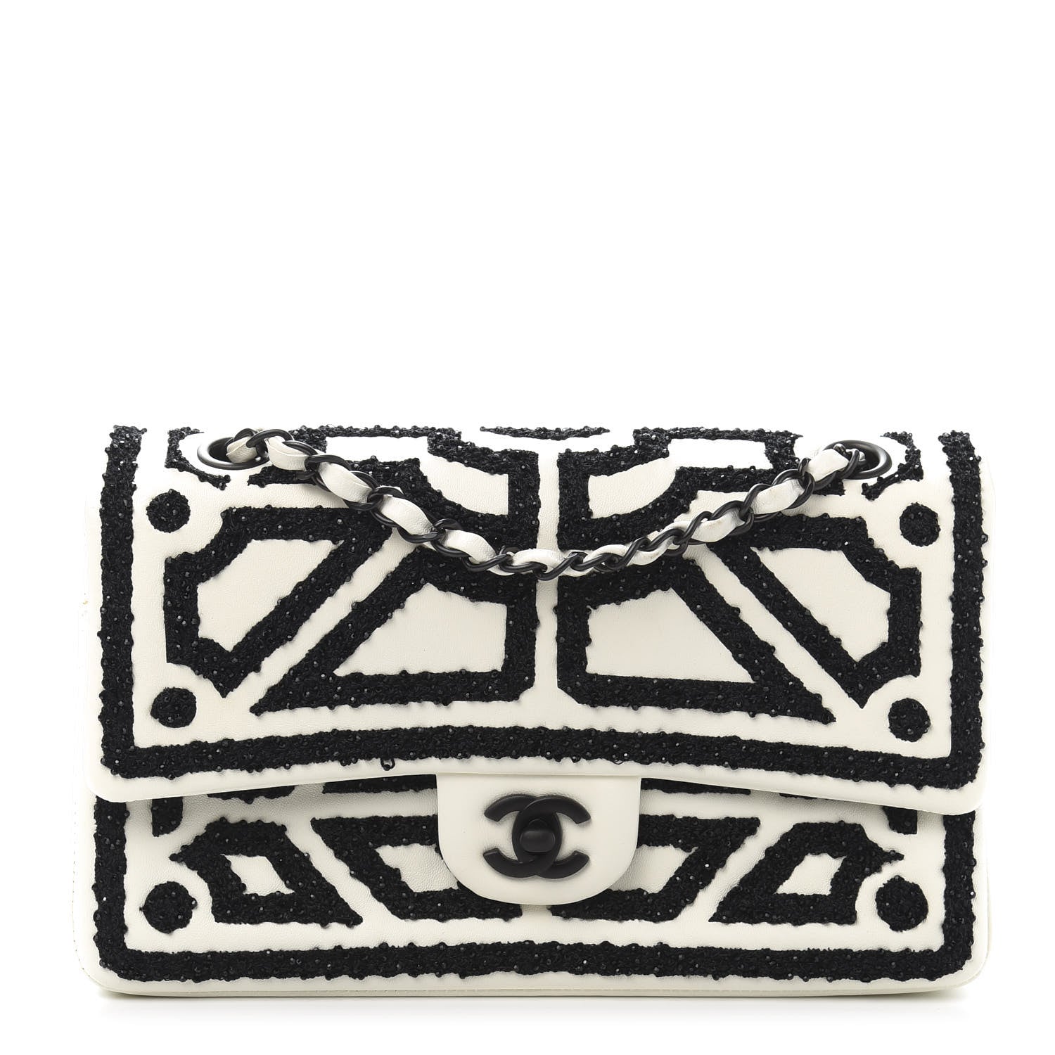 Chanel Lambskin Crystal Embroidered Medium Garden Of Versailles Double Flap Black White 1 of 17