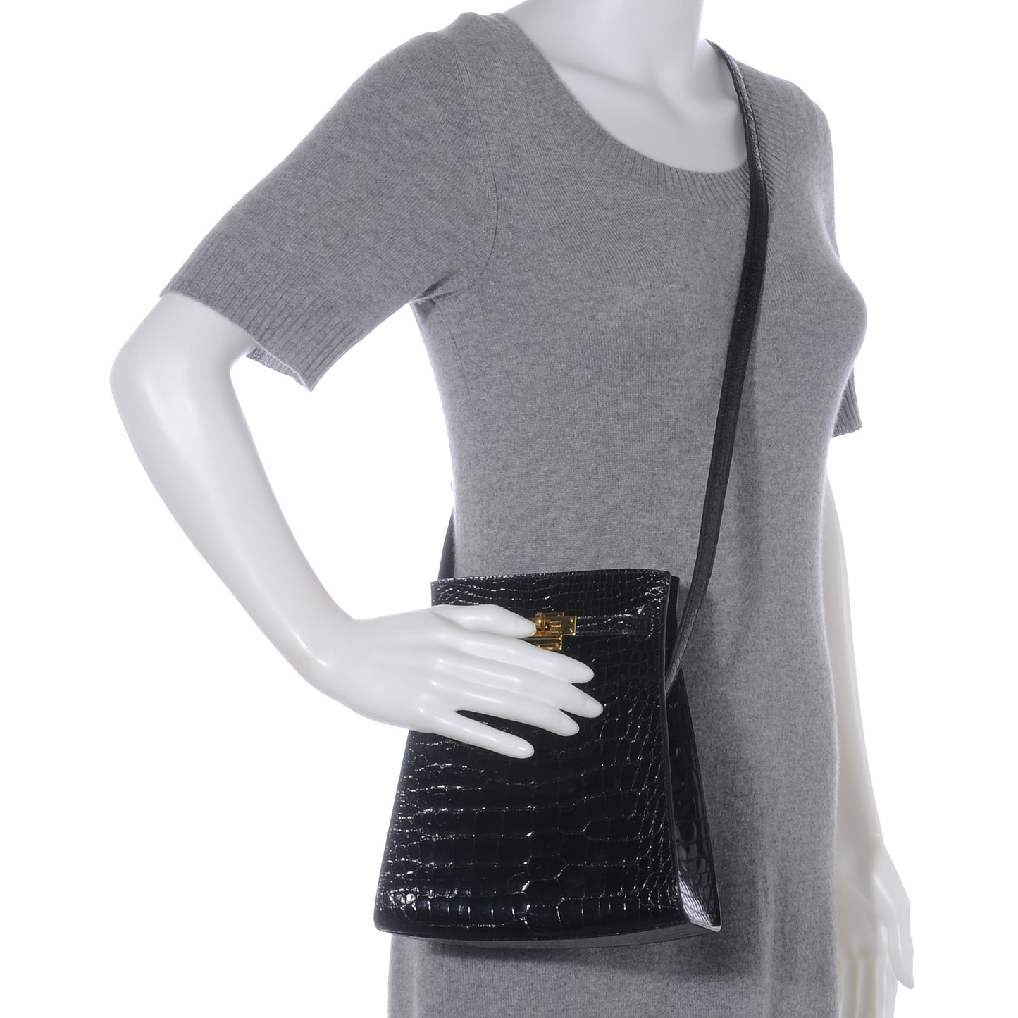Shiny Alligator Kelly Sport PM Bag Black