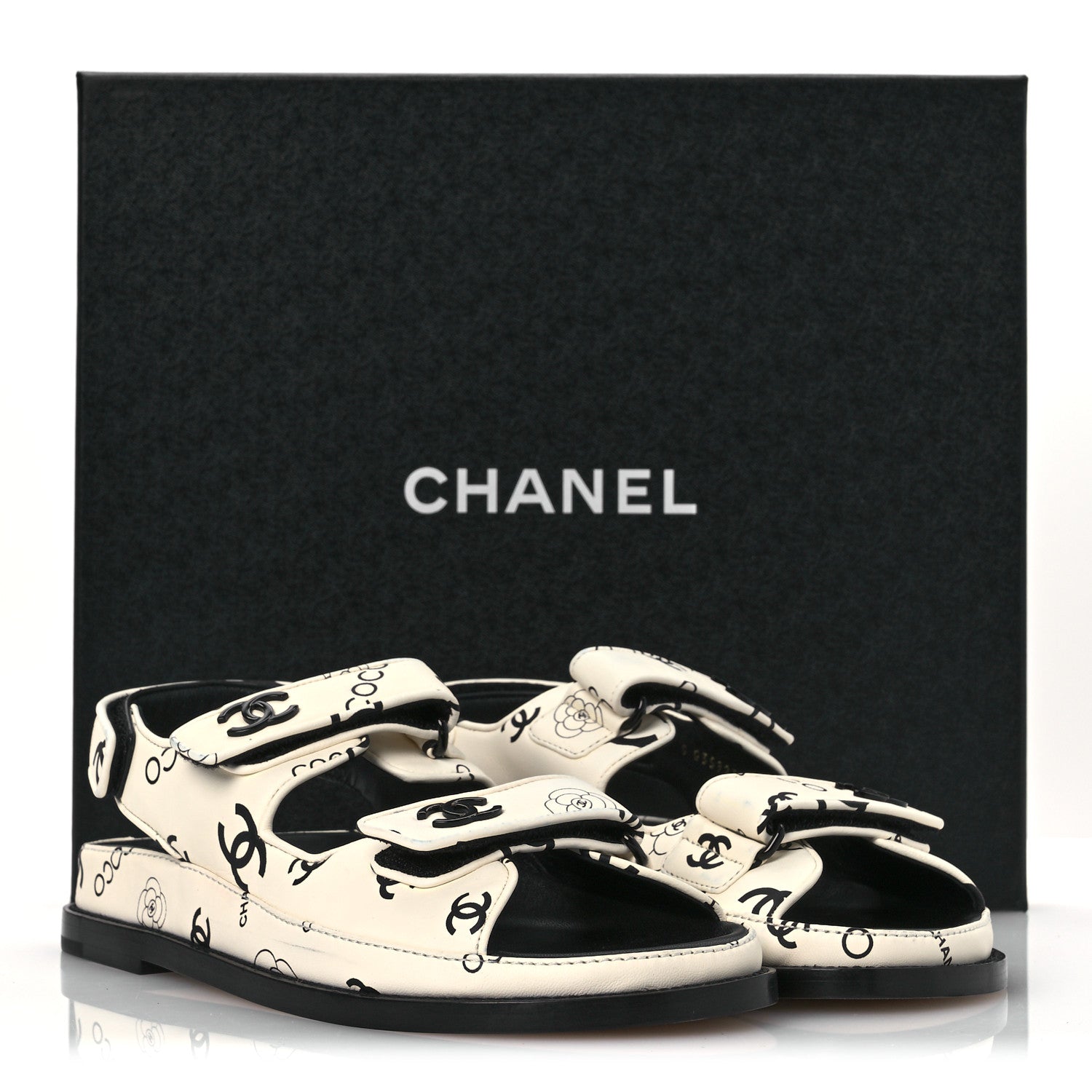 Chanel Lambskin Printed CC Velcro Dad Sandals 37.5 White Black