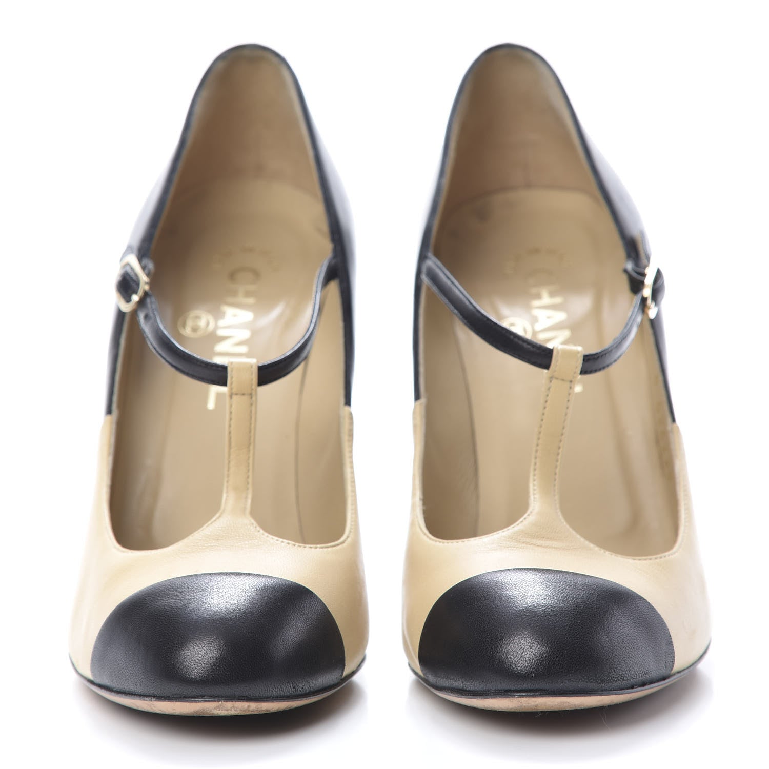 Chanel Lambskin Cap Toe Mary Jane Pumps 37 Beige Black 2 of 14