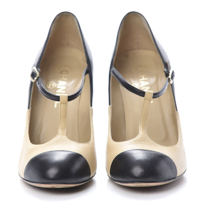 Chanel Lambskin Cap Toe Mary Jane Pumps 37 Beige Black 2 of 14