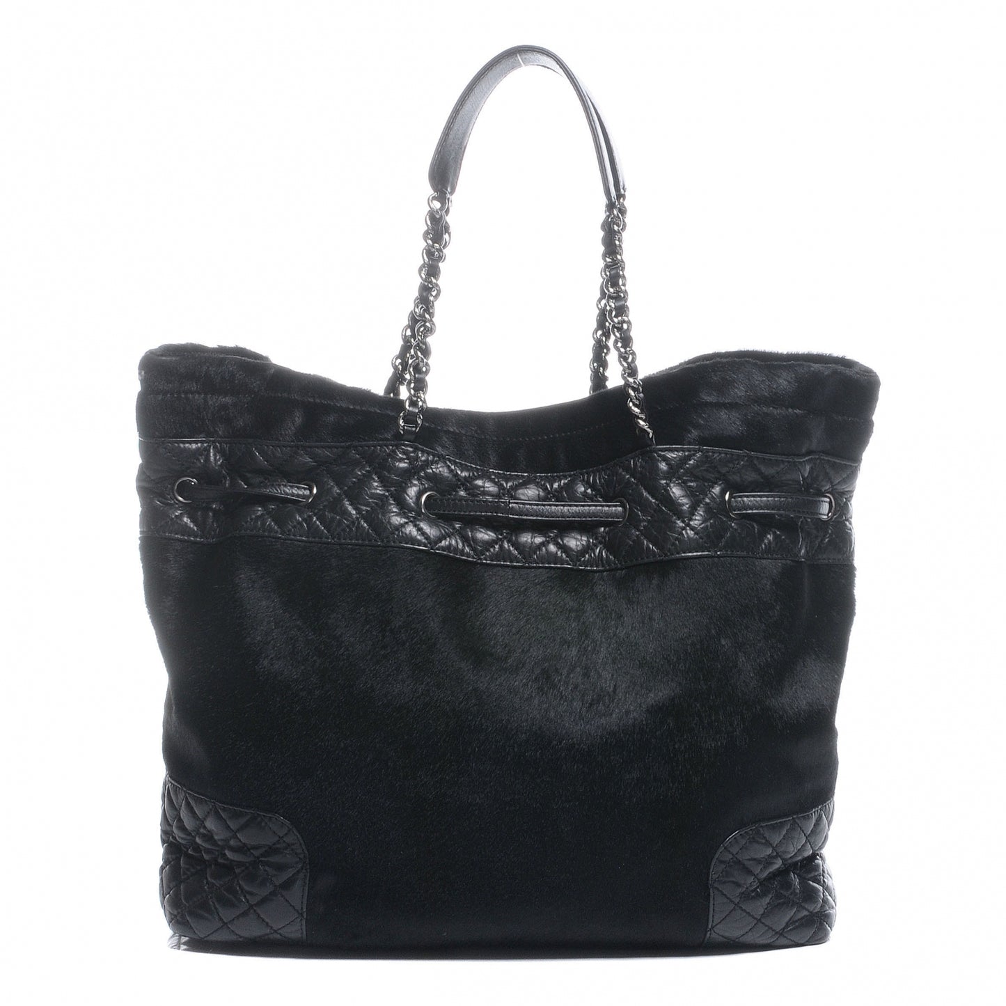 Pony Hair Quilted Drawstring Tote Black
