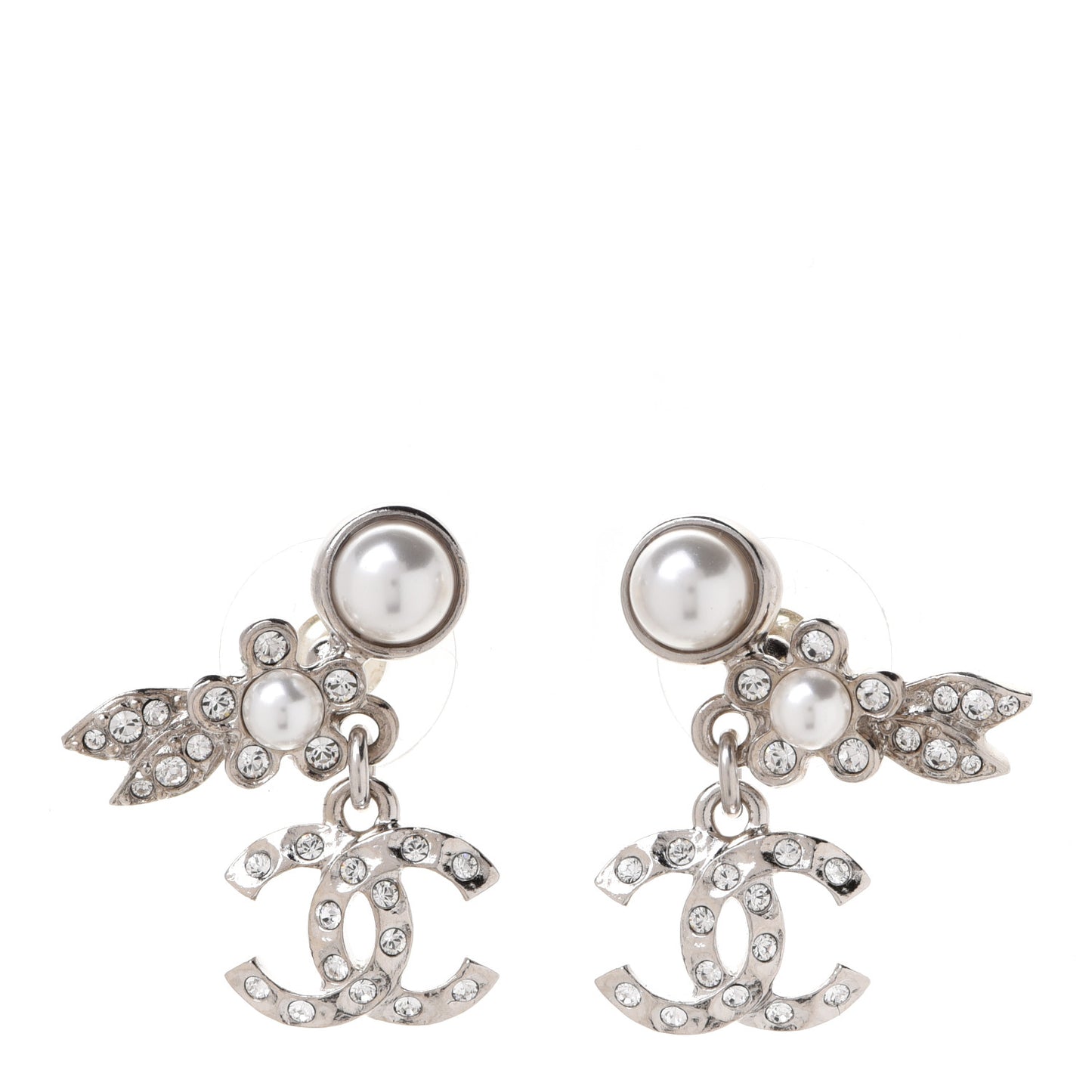 Crystal Pearl CC Leaf Earrings Silver