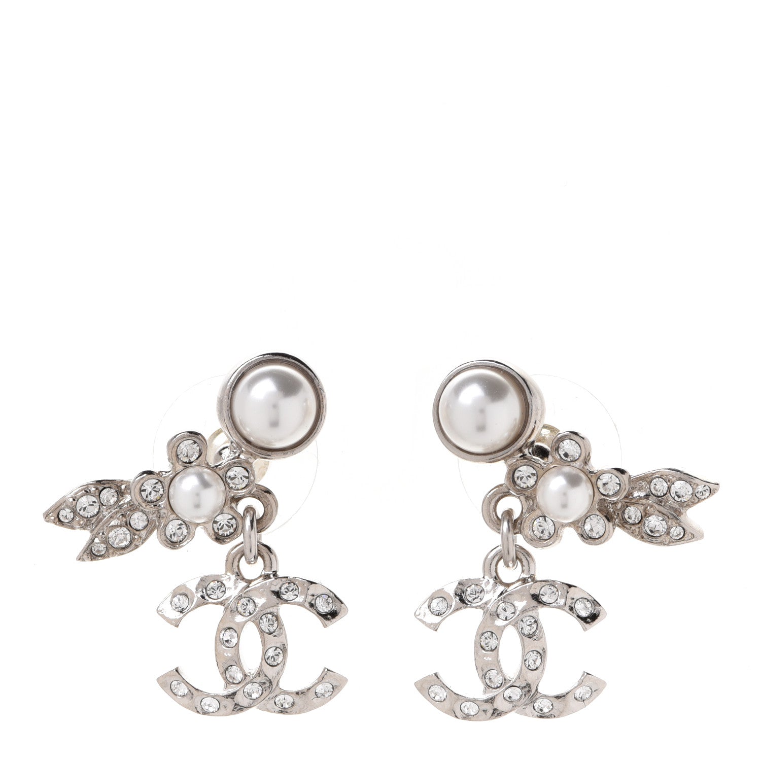Chanel Crystal Pearl CC Leaf Earrings Silver 1 of 5