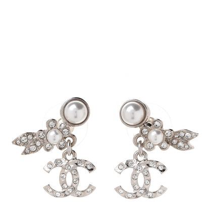Chanel Crystal Pearl CC Leaf Earrings Silver 1 of 5