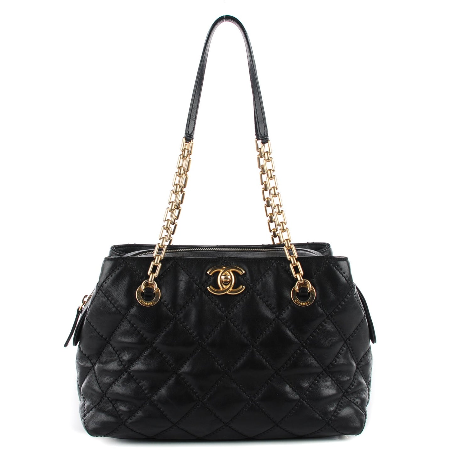 Calfskin Quilted Retro Chain Tote Black