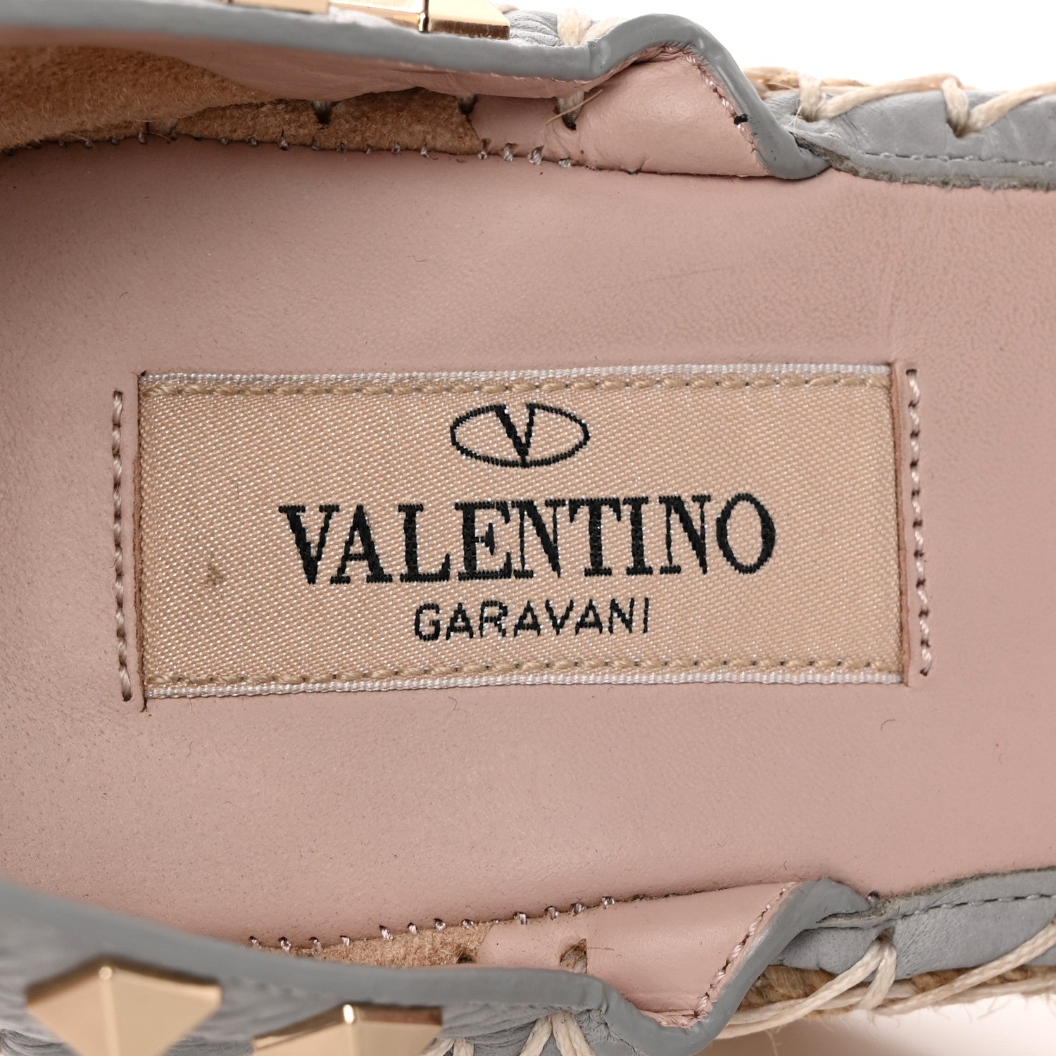 Valentino Garavani Grained Calfskin Rockstud Ankle Strap Espadrille 15/105mm Wedge Sandals 37 Pastel Grey Natural 7 of 15