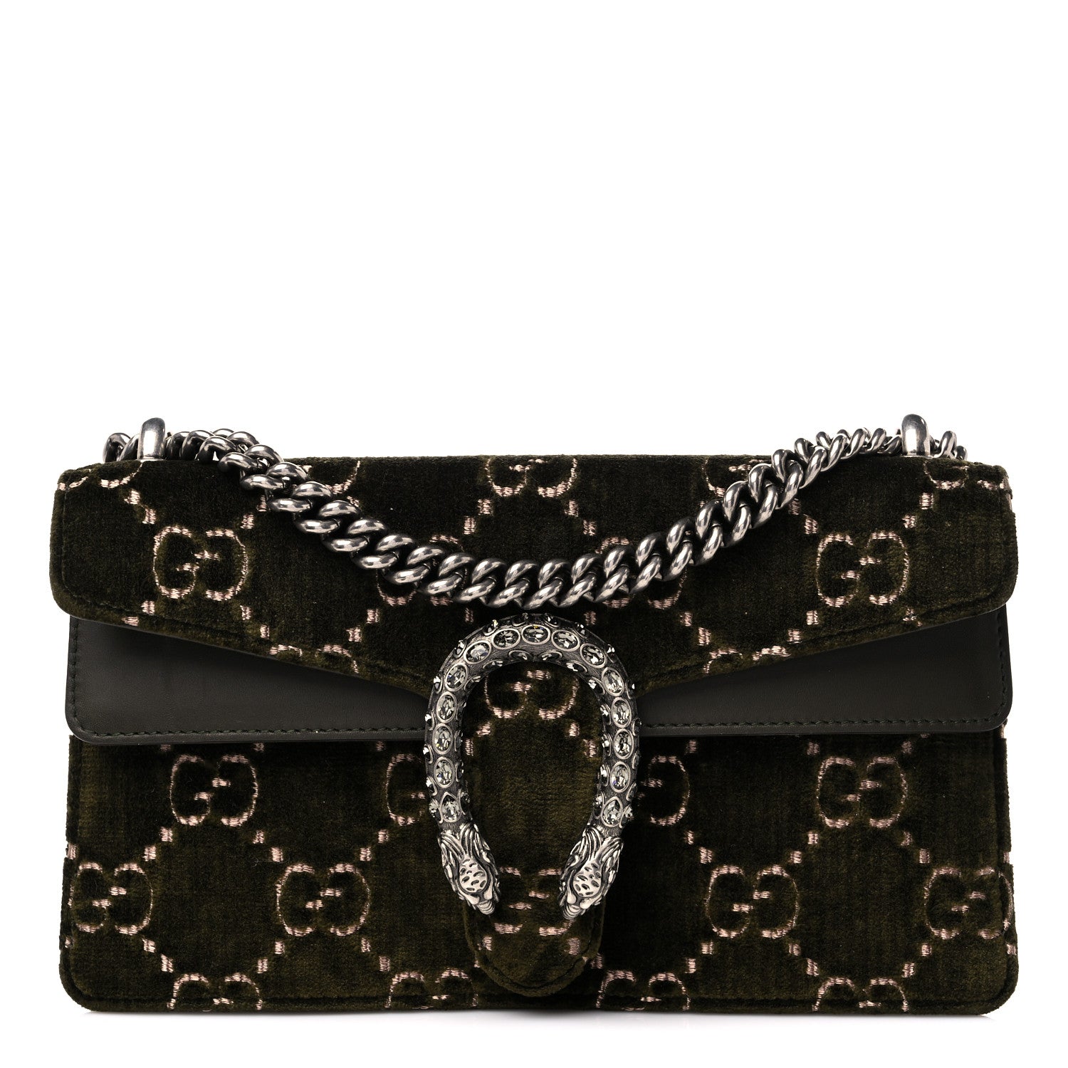 Gucci Velvet Moon Calfskin Crystal GG Monogram Small Dionysus Shoulder Bag Dark Olive Rose Gold 1 of 13