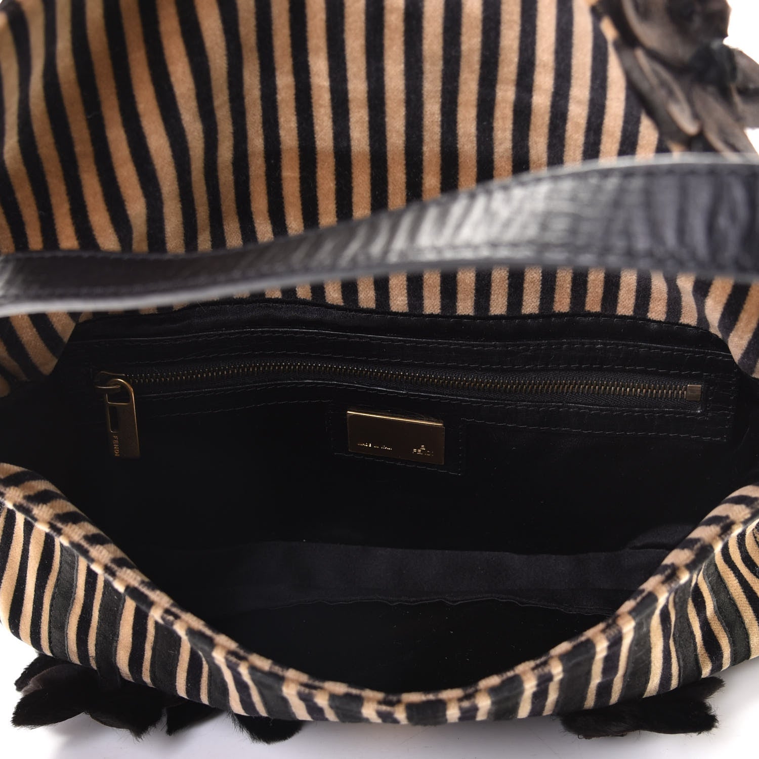 Fendi Velvet Striped Flower Applique Baguette Black Beige 5 of 5