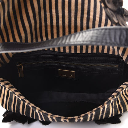 Fendi Velvet Striped Flower Applique Baguette Black Beige 5 of 5