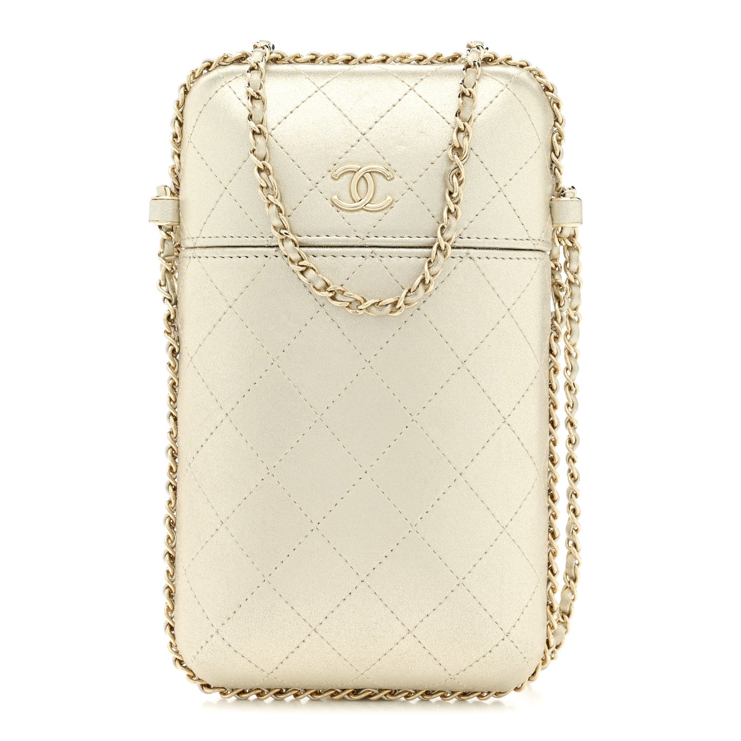 Metallic Lambskin Quilted Chain Around Phone Holder Gold