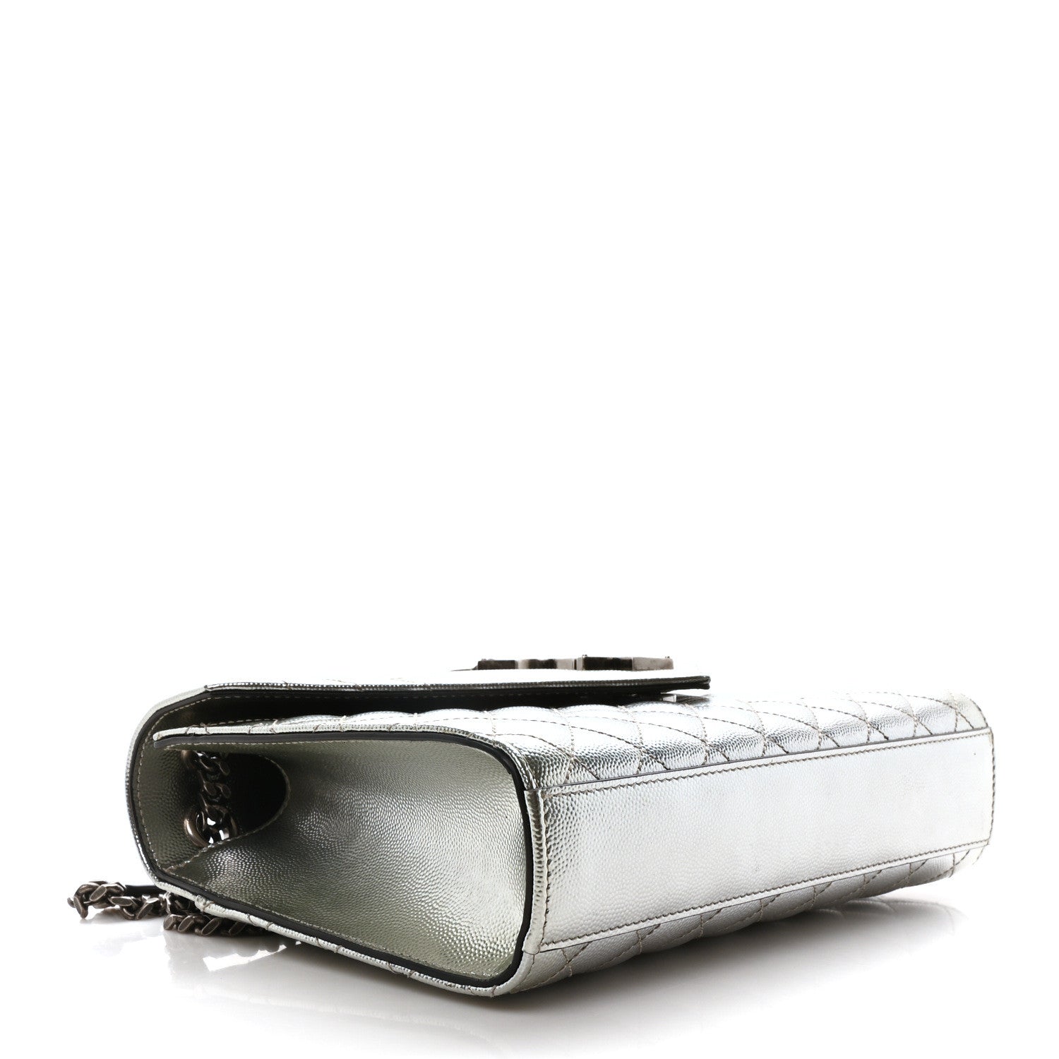 Saint Laurent Metallic Grain De Poudre Textured Mixed Matelasse Triquilt Medium Monogram Satchel Silver 4 of 9