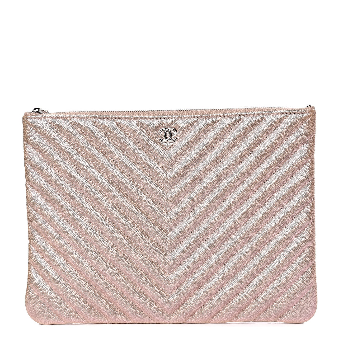 Iridescent Caviar Chevron Quilted Medium Cosmetic Case Light Gold