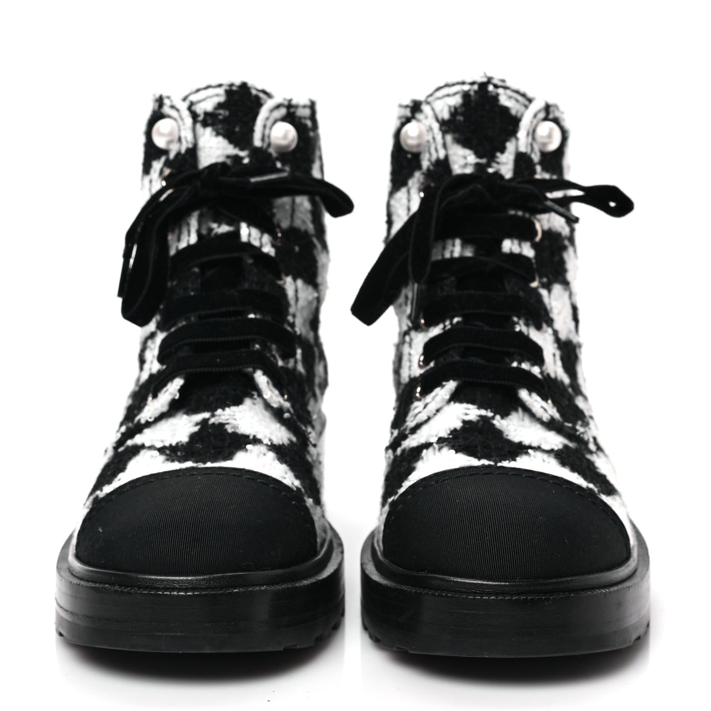 Tweed Grosgrain Pearl Combat Short Boots 39 White Black