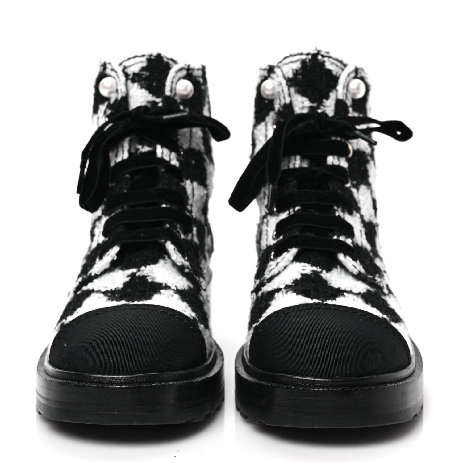 Chanel Tweed Grosgrain Pearl Combat Short Boots 39 White Black 2 of 7