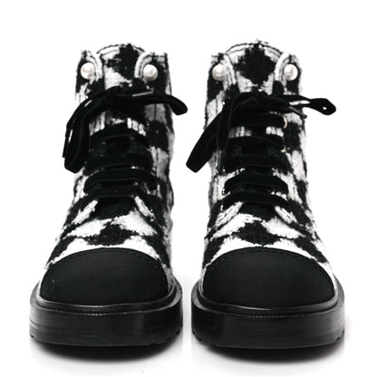 Chanel Tweed Grosgrain Pearl Combat Short Boots 39 White Black 2 of 7
