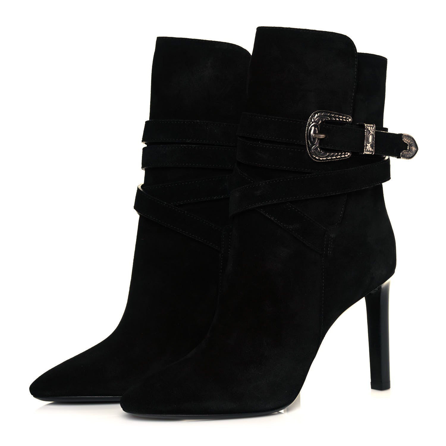 Saint Laurent Suede Mica Buckle Western Ankle Booties 40 Black 3 of 8