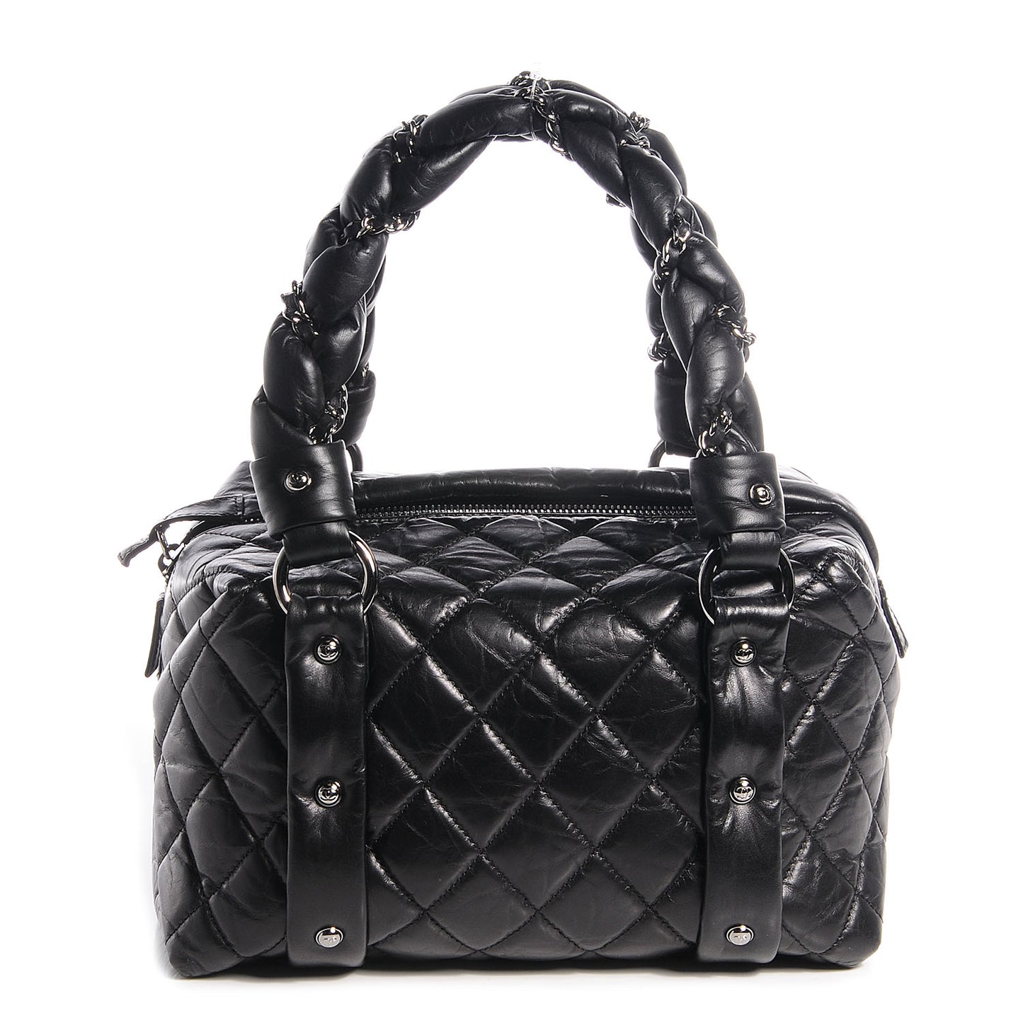 Distressed Lambskin Lady Braid Small Tote Black