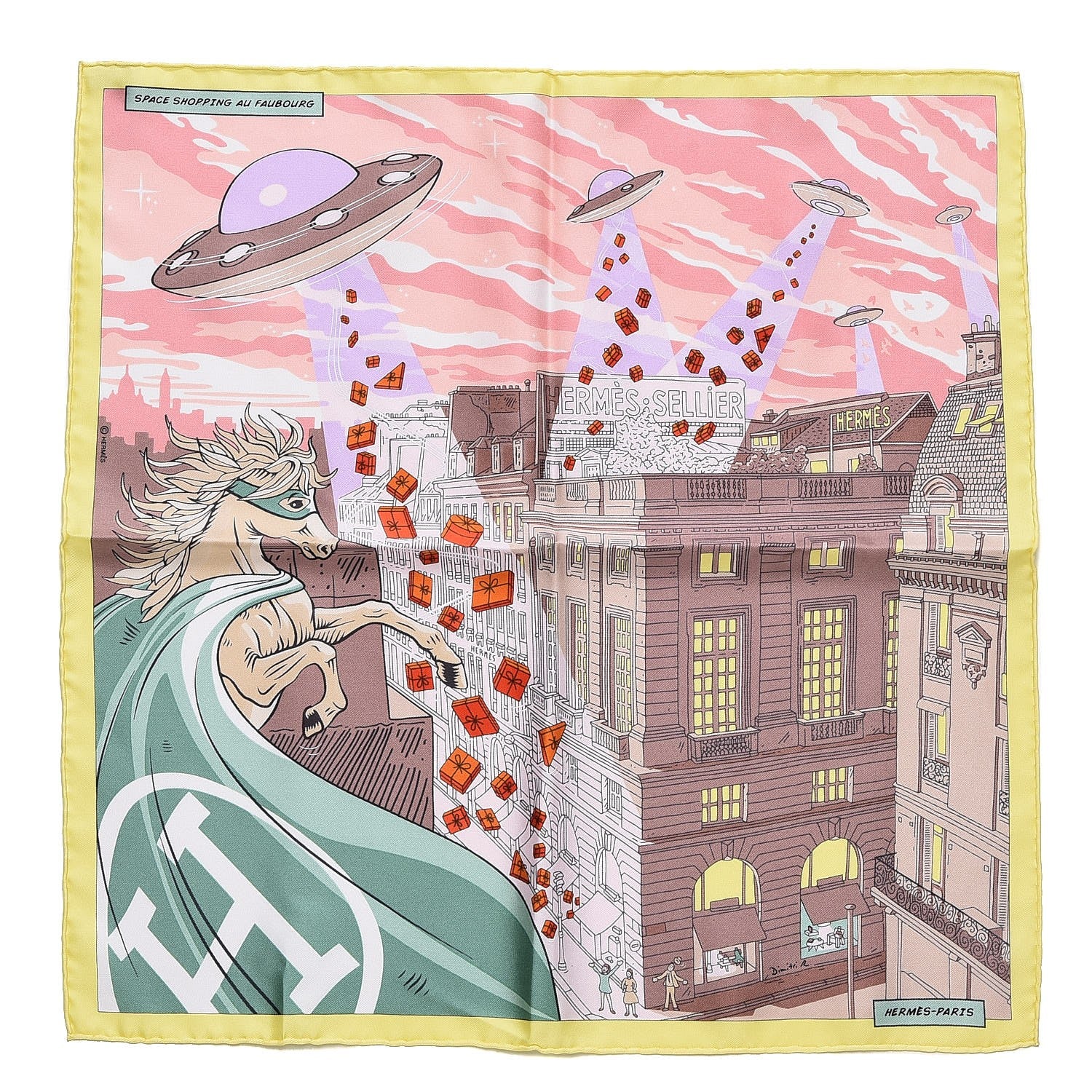 Hermes Silk Space Shopping Au Faubourg Pocket Square Scarf Rose Taupe Jaune 1 of 5