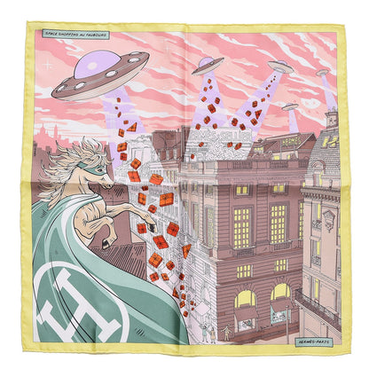 Hermes Silk Space Shopping Au Faubourg Pocket Square Scarf Rose Taupe Jaune 1 of 5