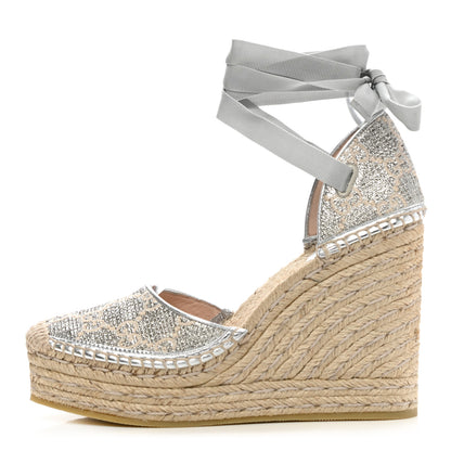 Gucci Lame GG Monogram Ankle Wrap Platform Espadrille Wedges 38 Silver Beige Light Grey 1 of 9