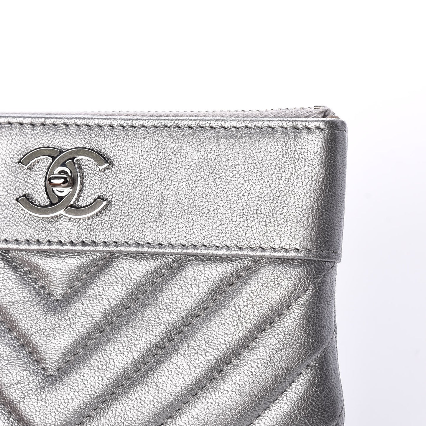 Metallic Sheepskin Chevron Quilted Small Vintage Mademoiselle Cosmetic Case Silver
