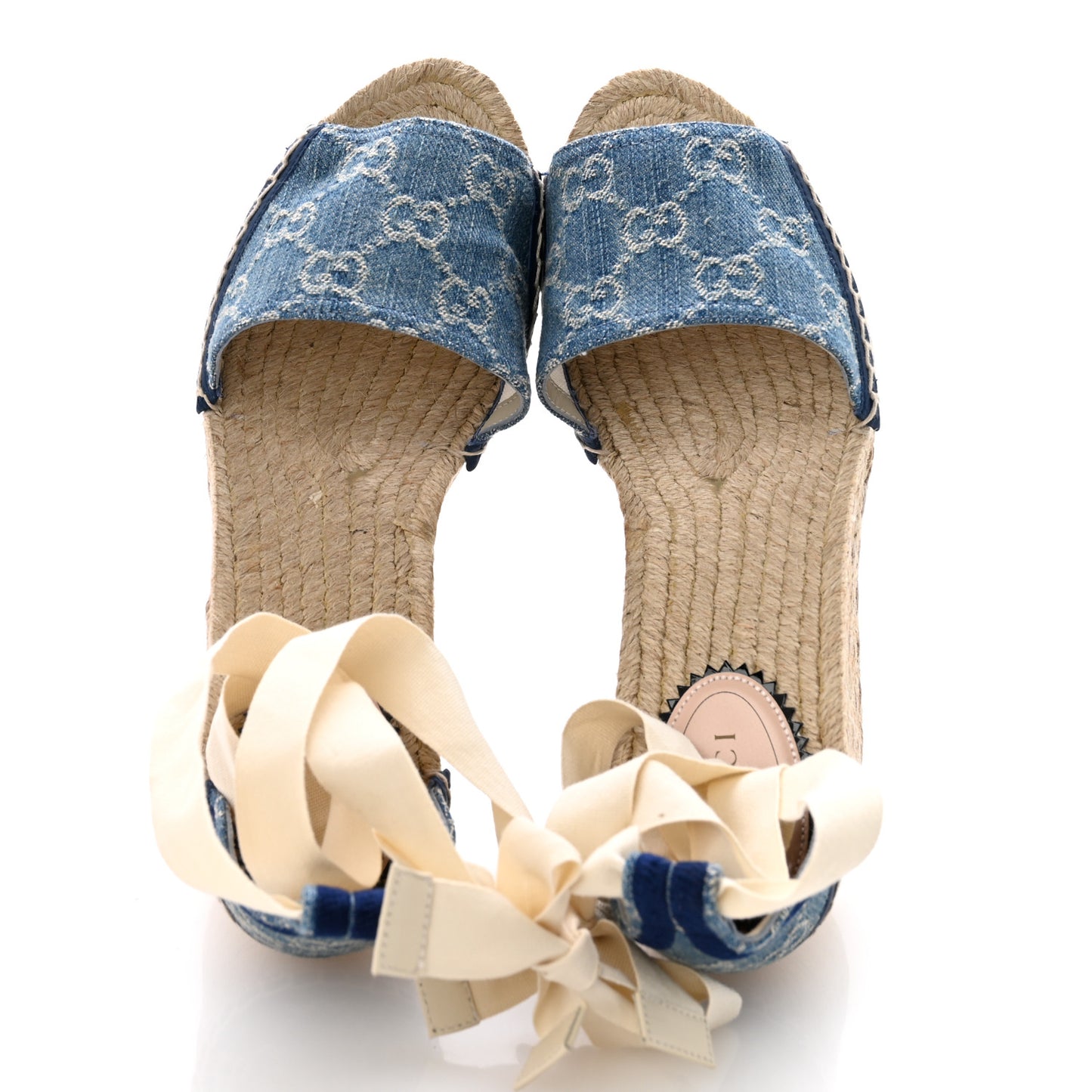 New Denim GG Monogram Pilar Ankle Wrap Espadrille Wedge Sandals 37 Light Blue