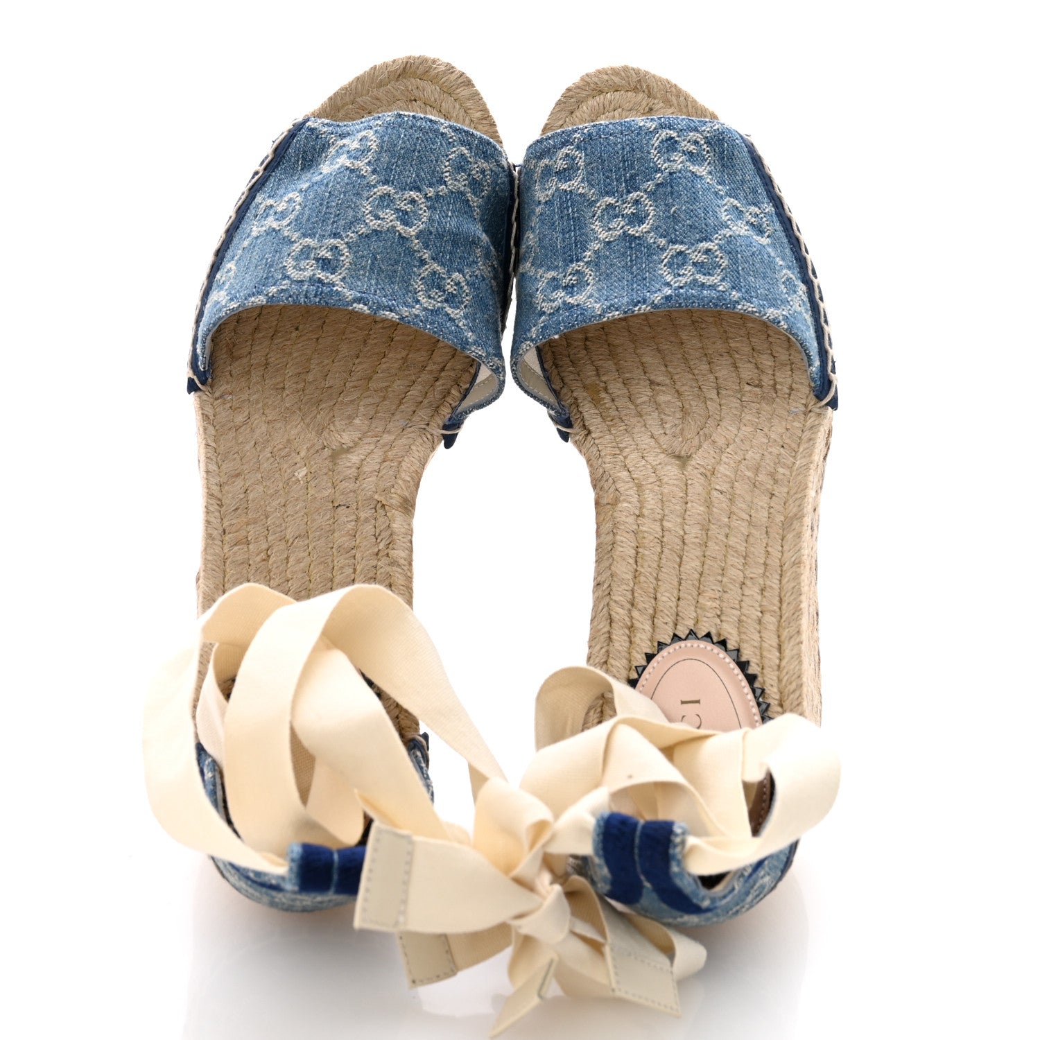 Gucci New Denim GG Monogram Pilar Ankle Wrap Espadrille Wedge Sandals 37 Light Blue 2 of 11