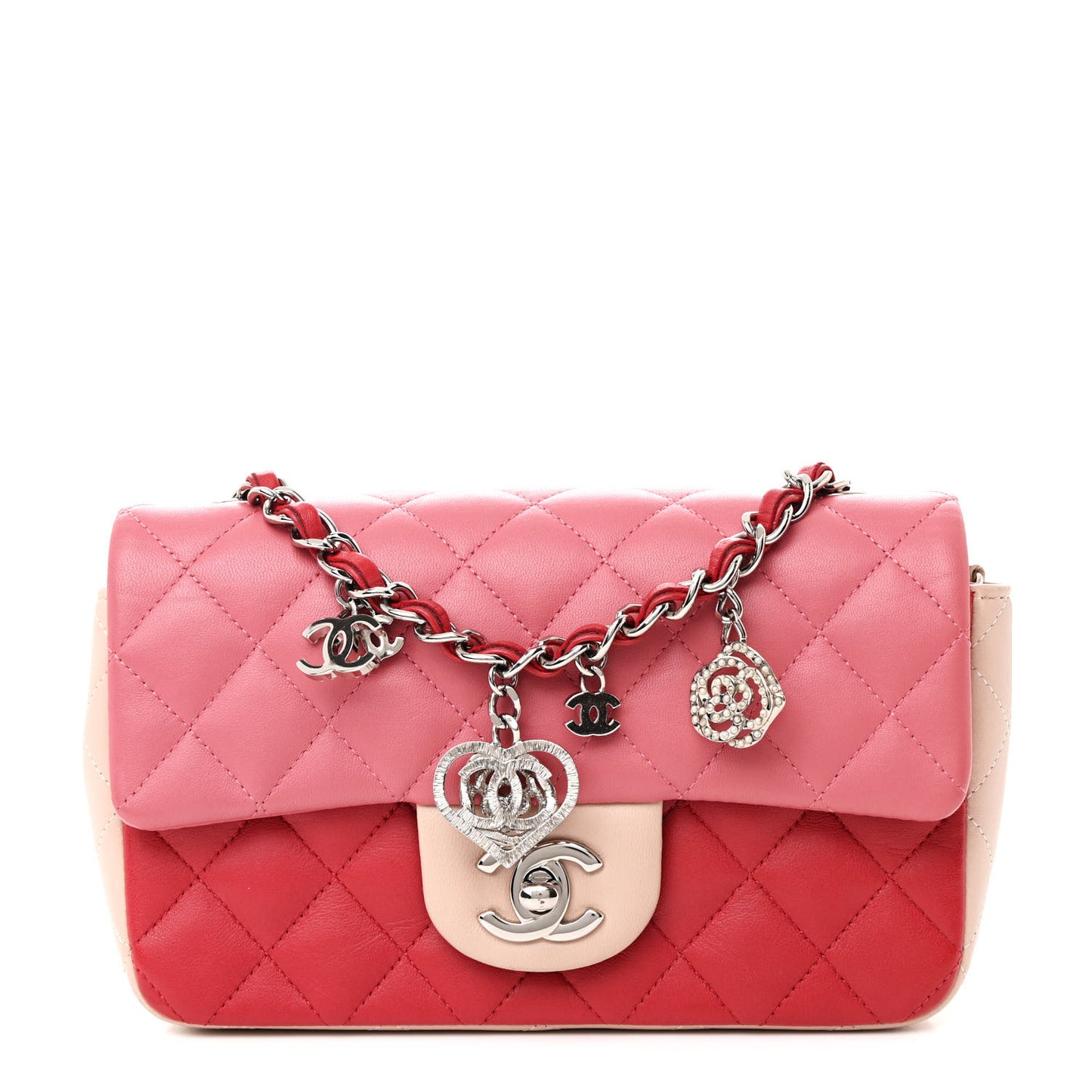 Lambskin Quilted Valentine Charms Tri-Color Mini Rectangular Flap Pink