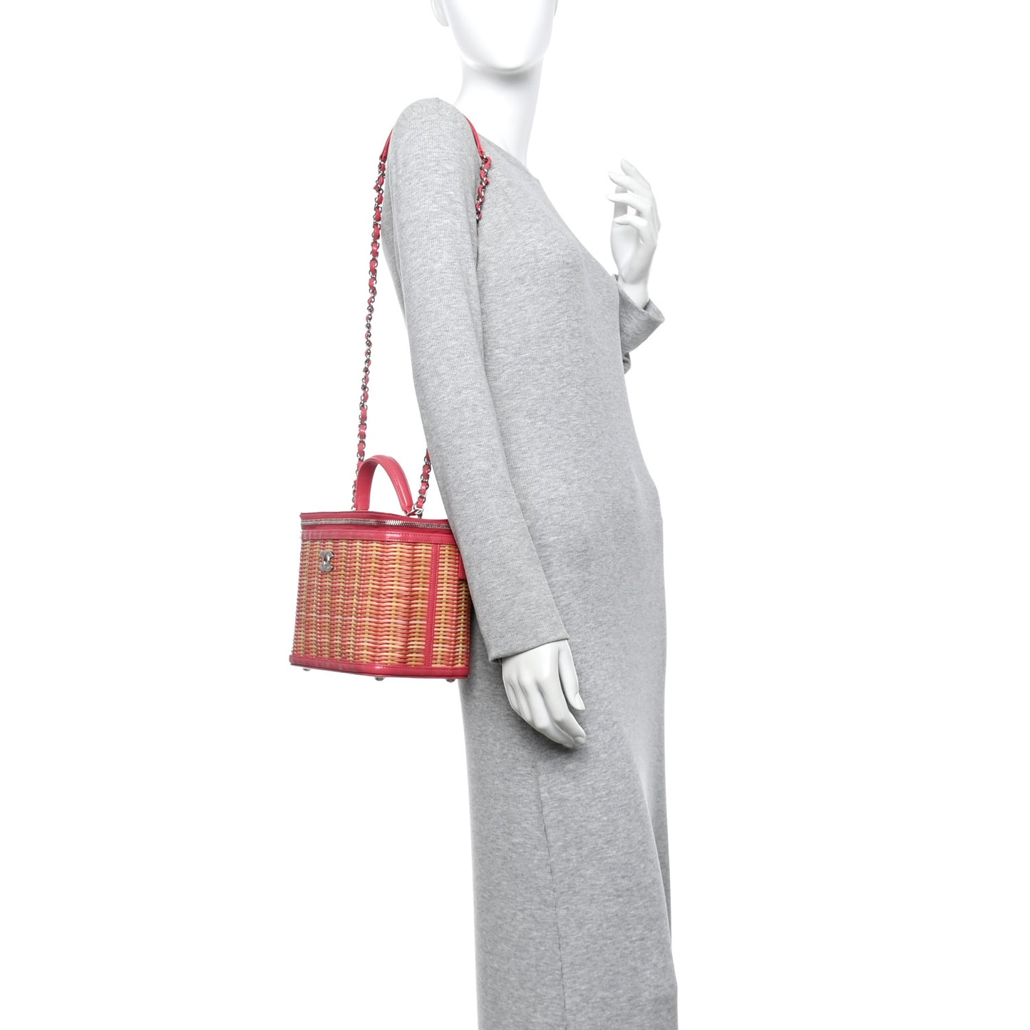 Glazed Calfskin Raffia Vanity Case Bag Pink