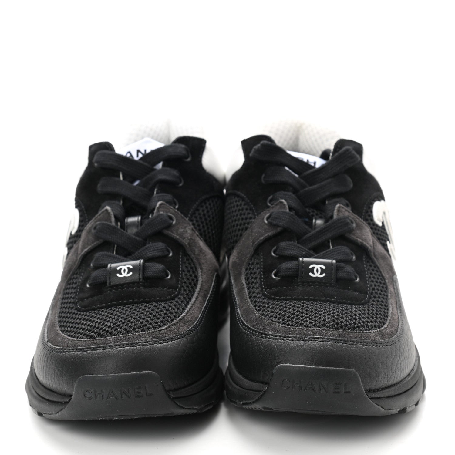 Chanel Mesh Suede Grained Calfskin Womens CC Sneakers 37 Black White 2 of 9