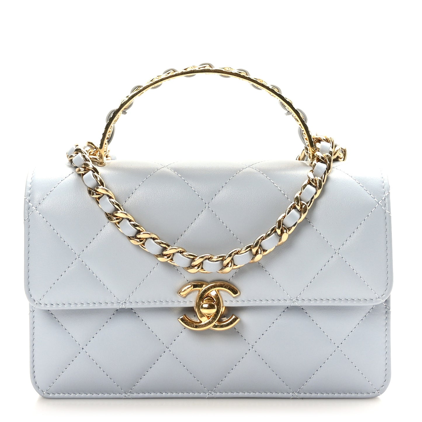Shiny Calfskin Quilted Mini Threaded Top Handle Flap Gris