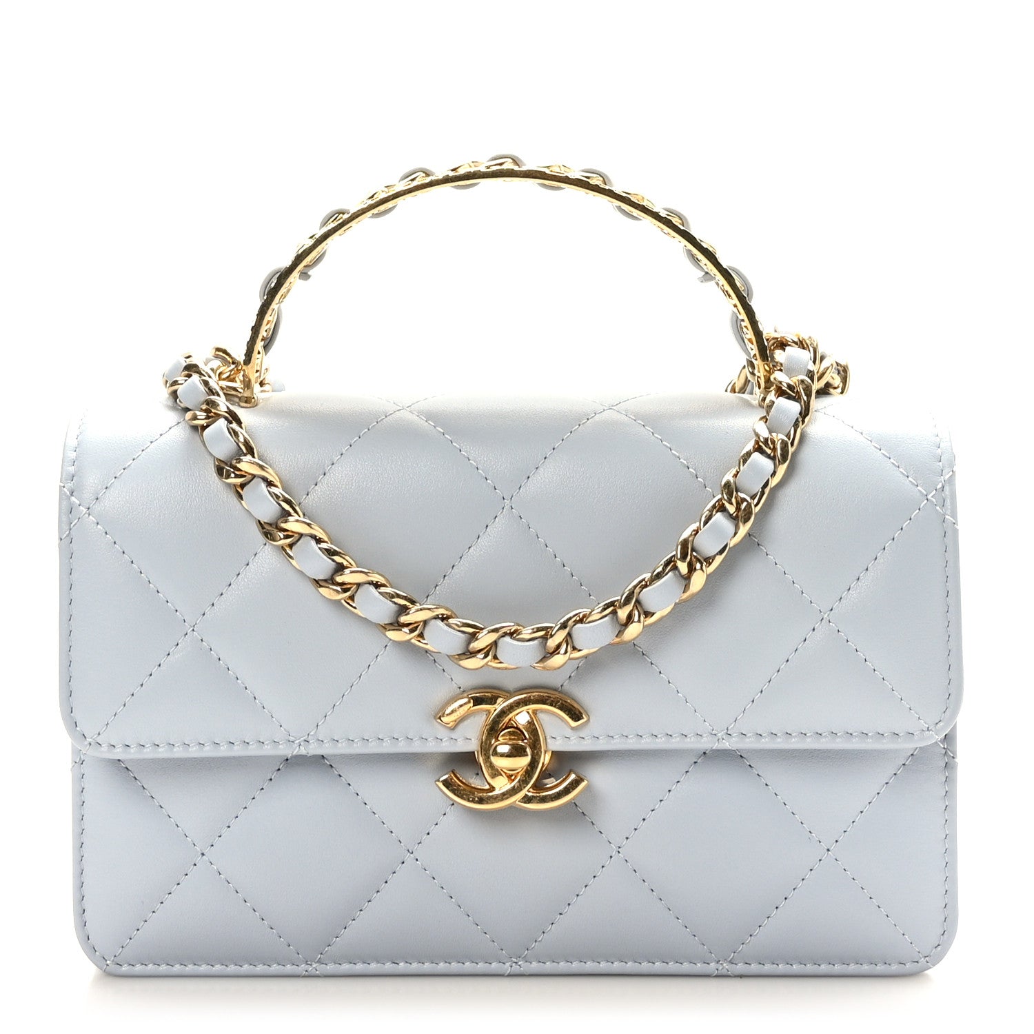 Chanel Shiny Calfskin Quilted Mini Threaded Top Handle Flap Gris 1 of 11