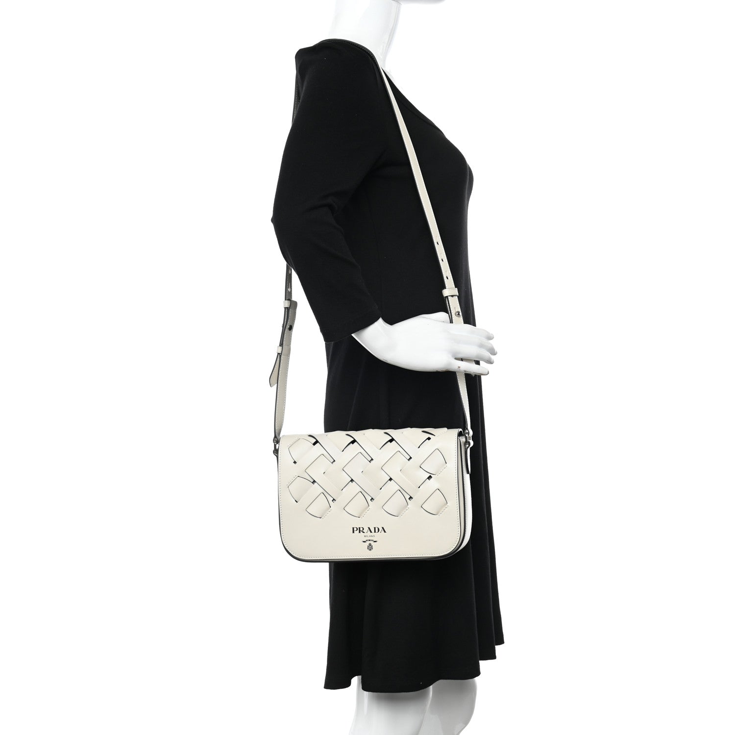 Prada Vitello Intreccio Tress Shoulder Bag White Black 2 of 10