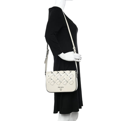 Prada Vitello Intreccio Tress Shoulder Bag White Black 2 of 10