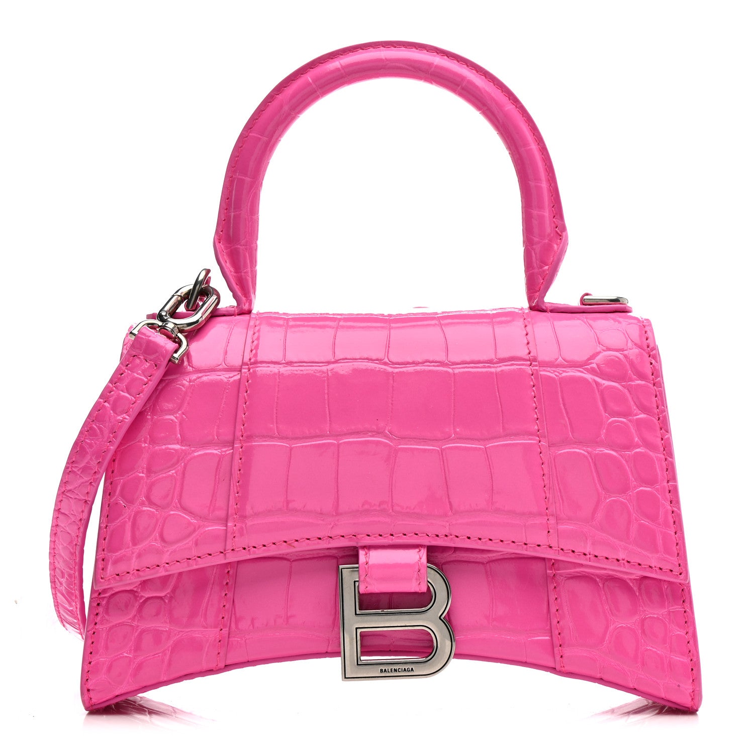 Balenciaga Shiny Calfskin Crocodile Embossed Hourglass Top Handle Bag XS Neon Pink 1 of 15