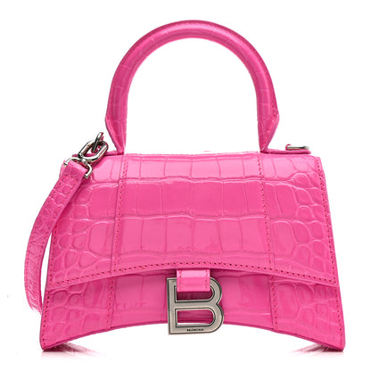 Balenciaga Shiny Calfskin Crocodile Embossed Hourglass Top Handle Bag XS Neon Pink 1 of 15