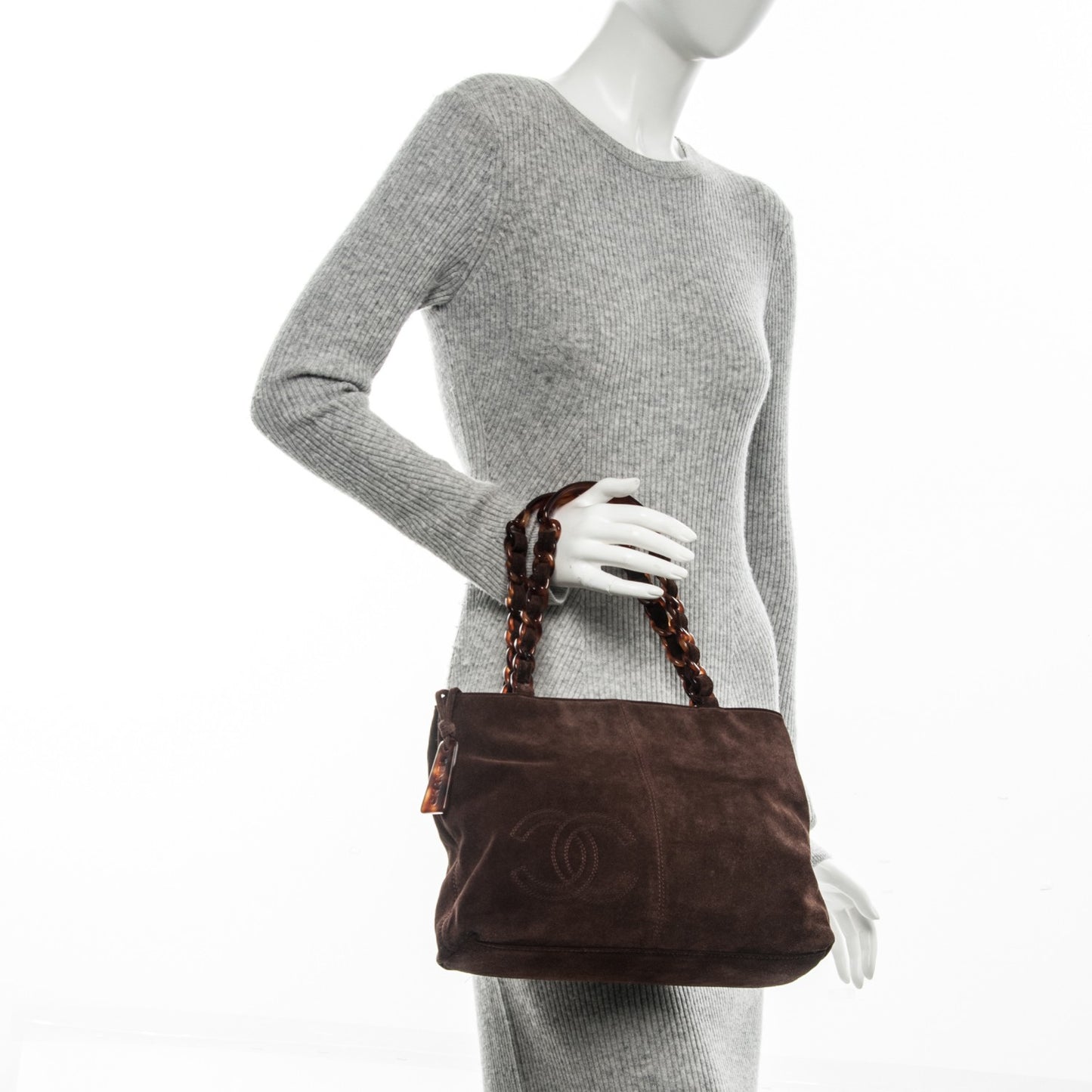 Suede Bekko Chain CC Shopping Tote Dark Brown