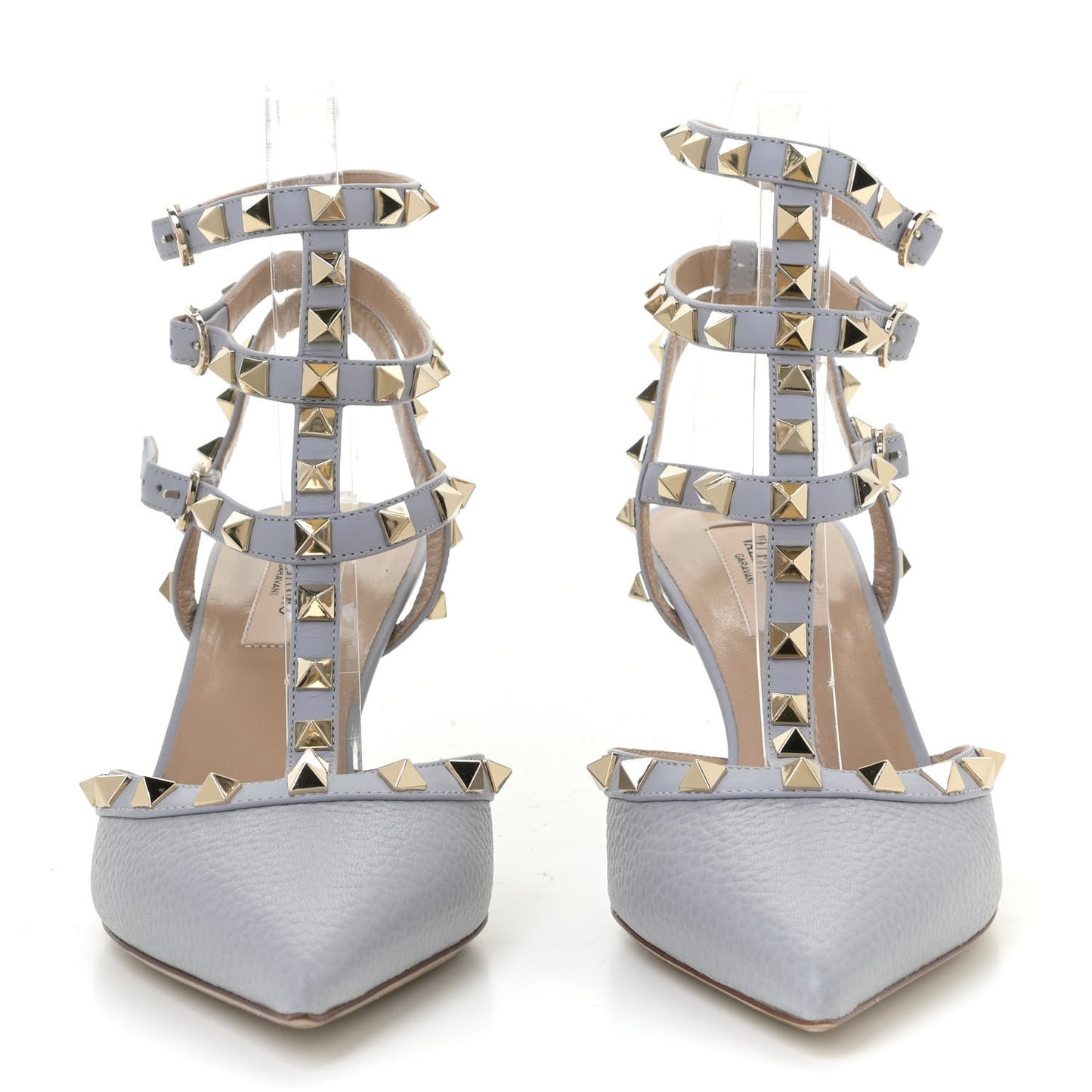 Pebbled Calfskin Rockstud Ankle Strap 65mm Pumps 37.5 Pastel Grey