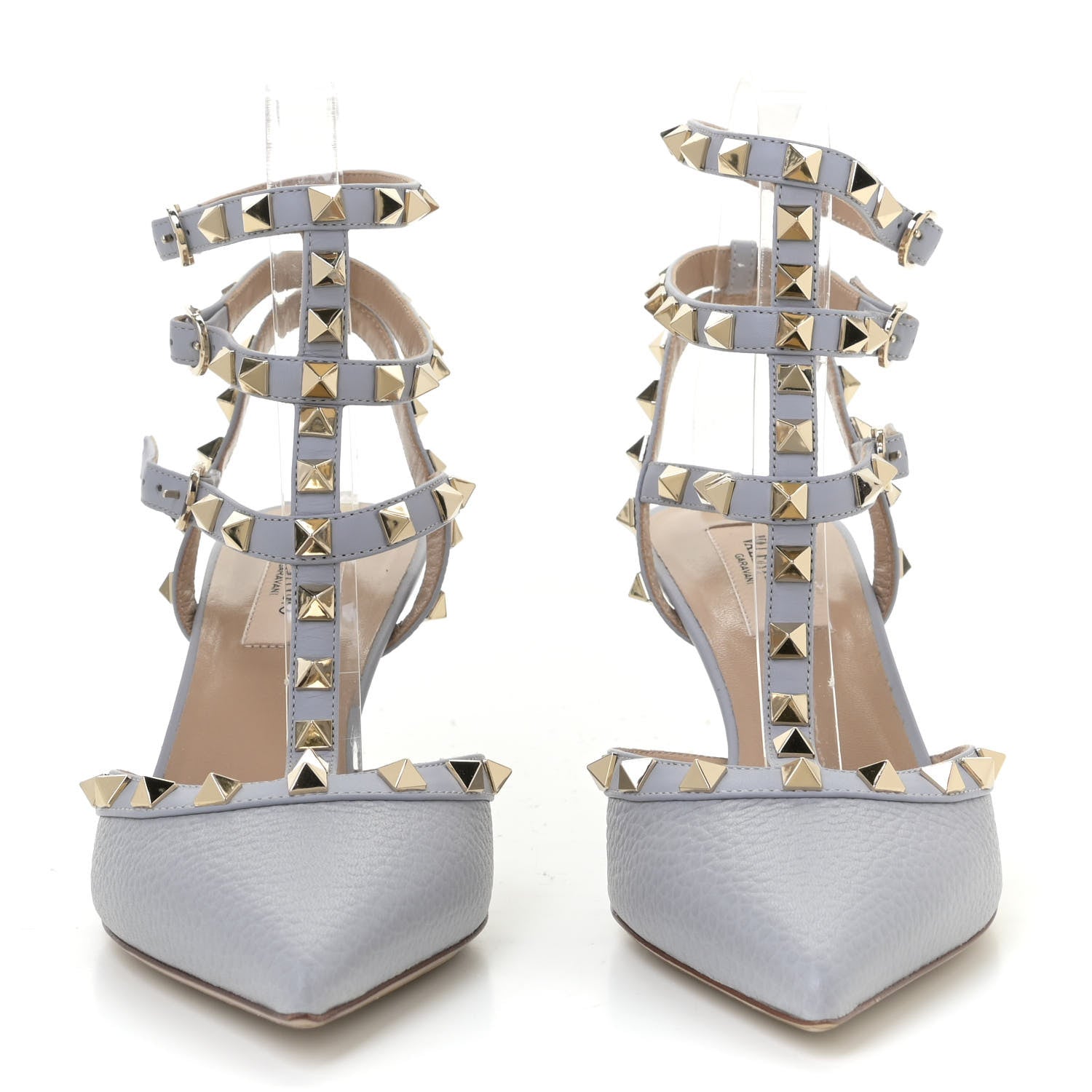 Valentino Garavani Pebbled Calfskin Rockstud Ankle Strap 65mm Pumps 37.5 Pastel Grey 4 of 13
